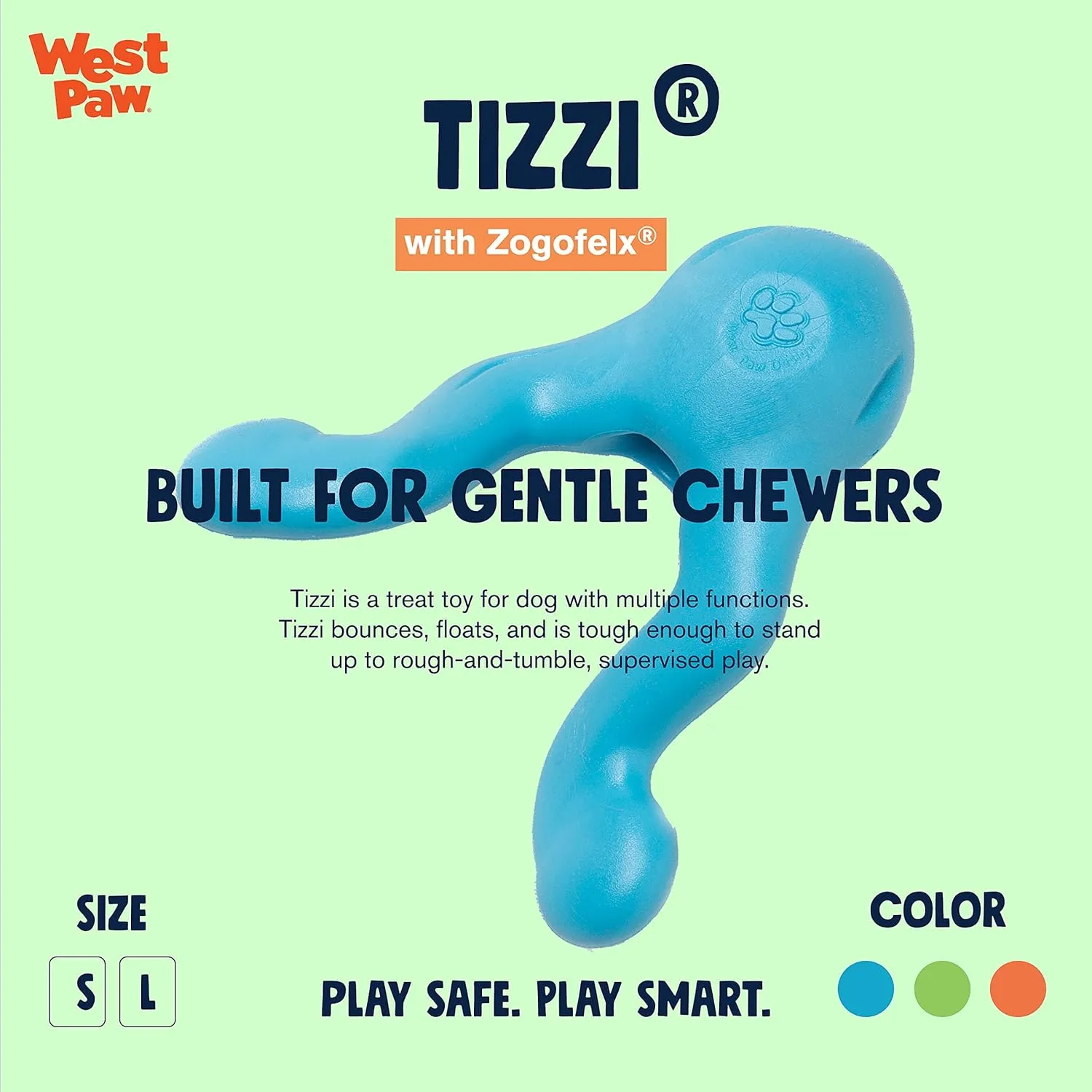 WEST PAW Zogoflex Tizzi Treat Dispensing Dog Toy  Interactive Play Toy for Dogs, Puppies  Floatable, High-Flying Dog Toys for Fetch, Catch, Tug of War, Recyclable, Dishwasher Safe, Large Aqua Blue