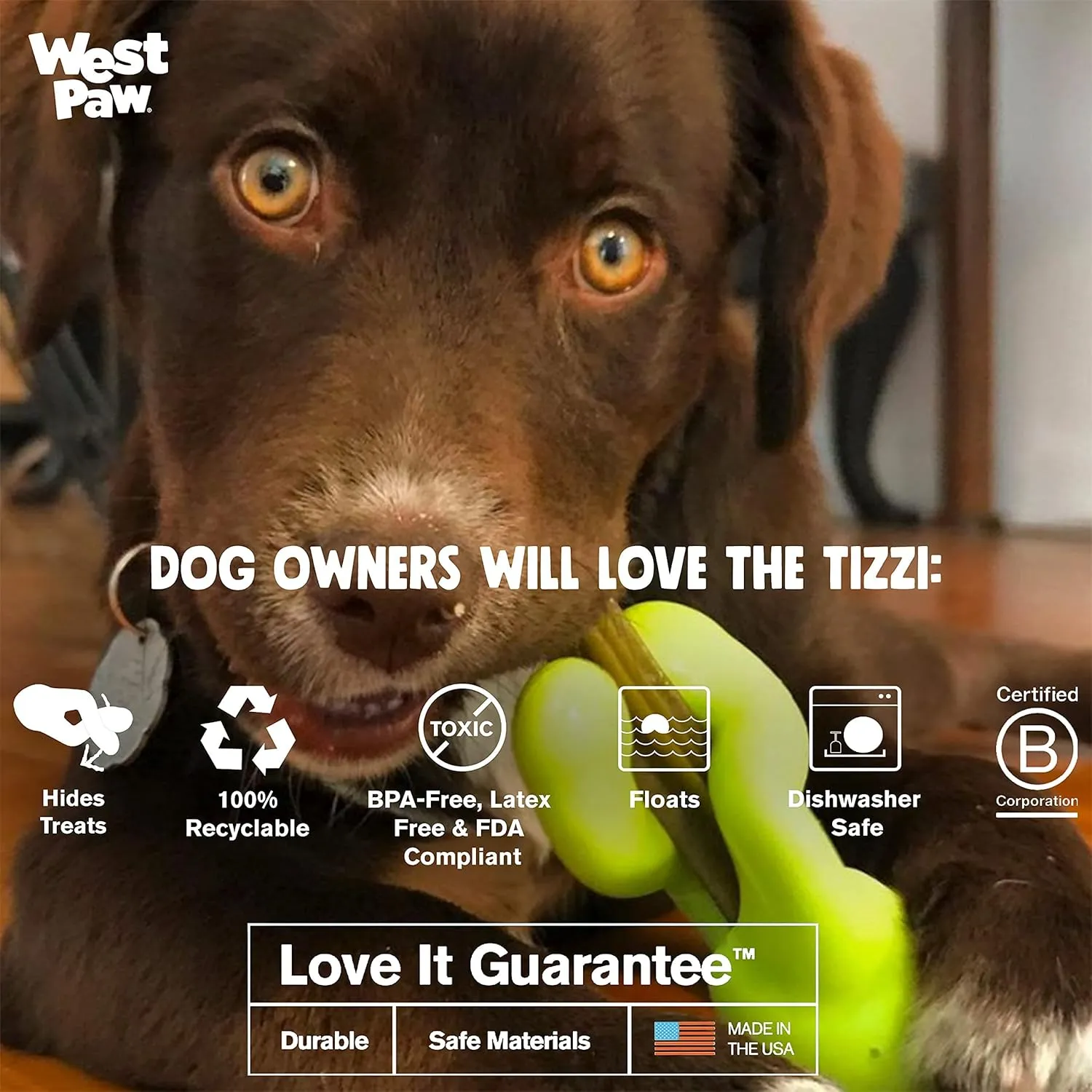 WEST PAW Zogoflex Tizzi Treat Dispensing Dog Toy  Interactive Play Toy for Dogs, Puppies  Floatable, High-Flying Dog Toys for Fetch, Catch, Tug of War, Recyclable, Dishwasher Safe, Large Aqua Blue