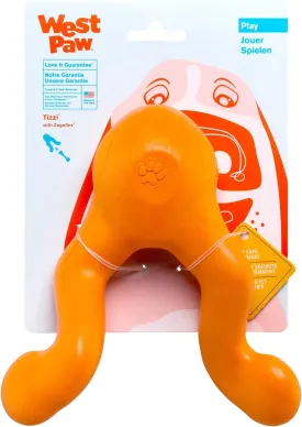 WEST PAW Zogoflex Tizzi Treat Dispensing Dog Toy  Interactive Play Toy for Dogs, Puppies  Floatable, High-Flying Dog Toys for Fetch, Catch, Tug of War, Recyclable, Dishwasher Safe, Large, Tangerine